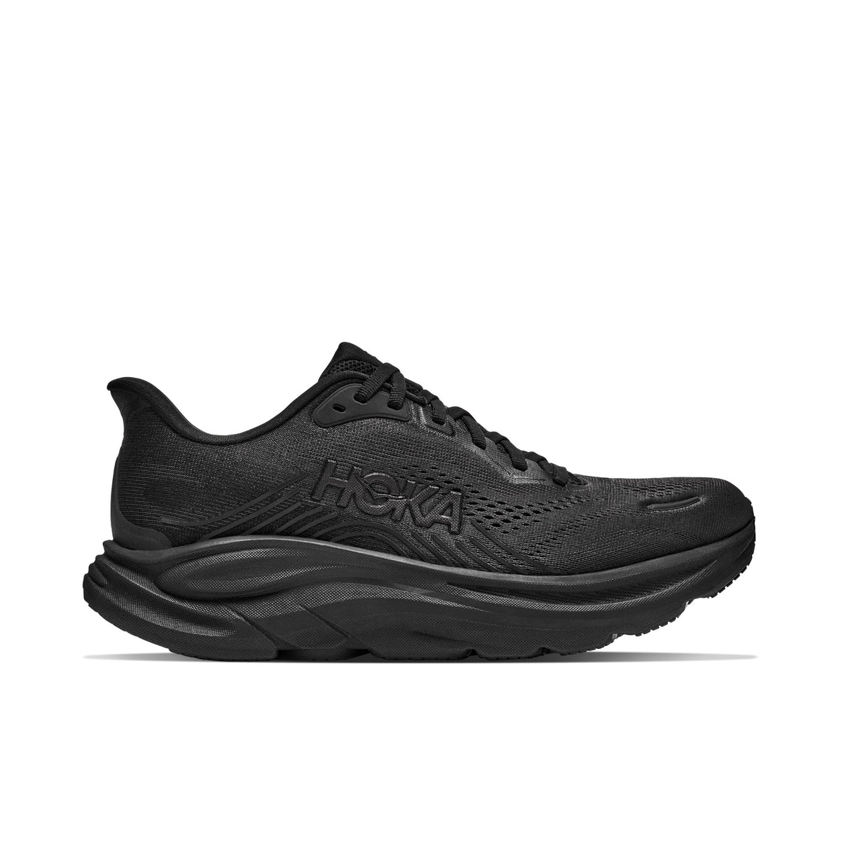 HOKA Clifton 11 Wide (2E) men's running shoe in Black/Black, side view