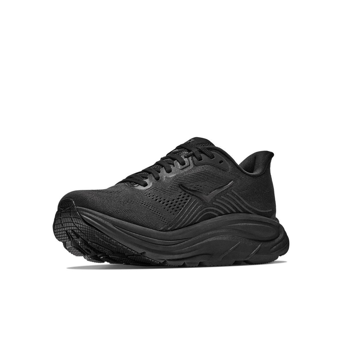 HOKA Clifton 11 Wide (2E) men's running shoe in Black/Black, front angle, inner side