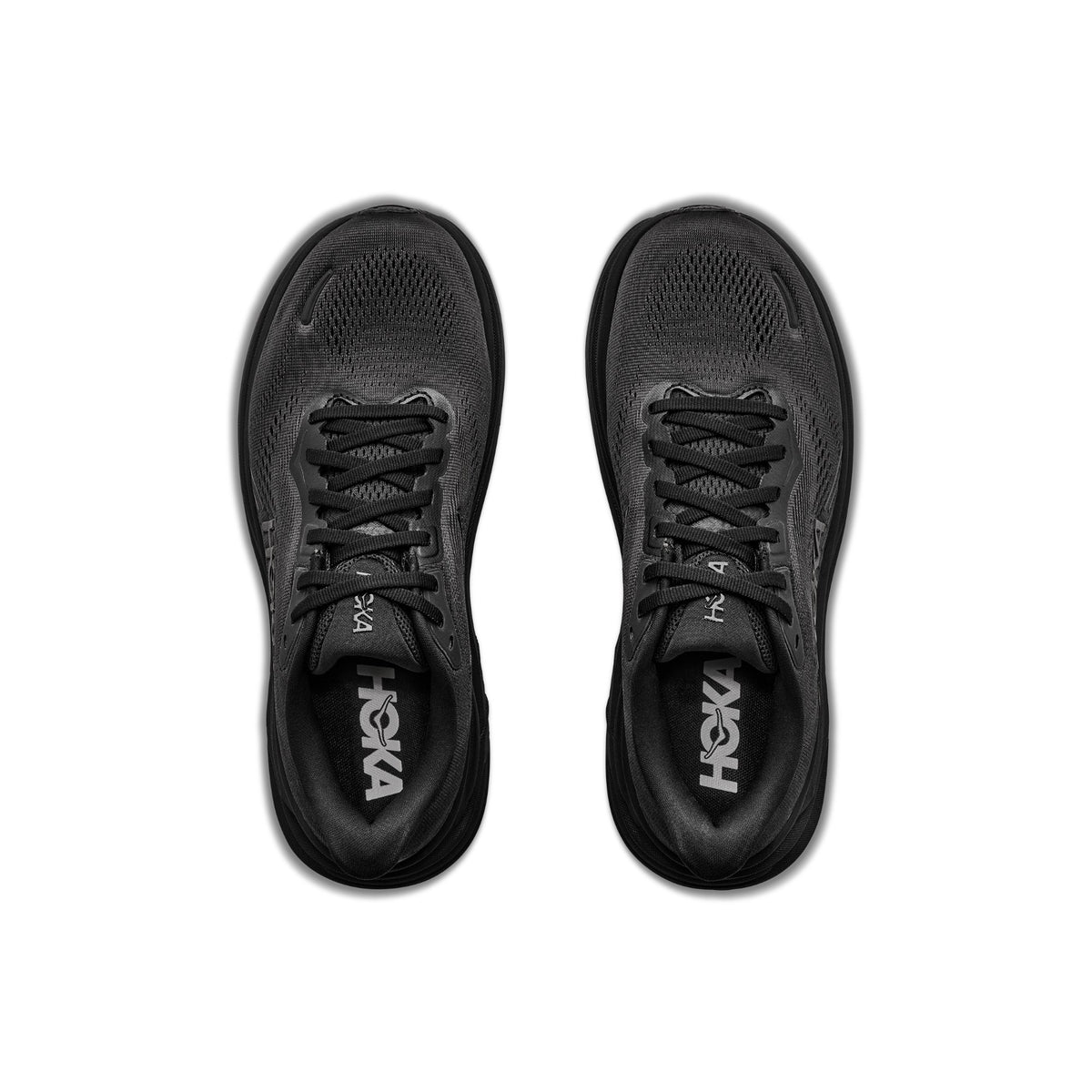 HOKA Clifton 11 Wide (2E) men's running shoe in Black/Black, top view of the pair