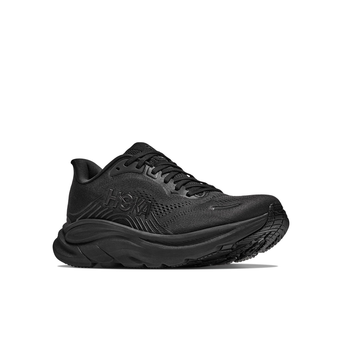 HOKA Clifton 11 Wide (2E) men's running shoe in Black/Black, front angle, outer side
