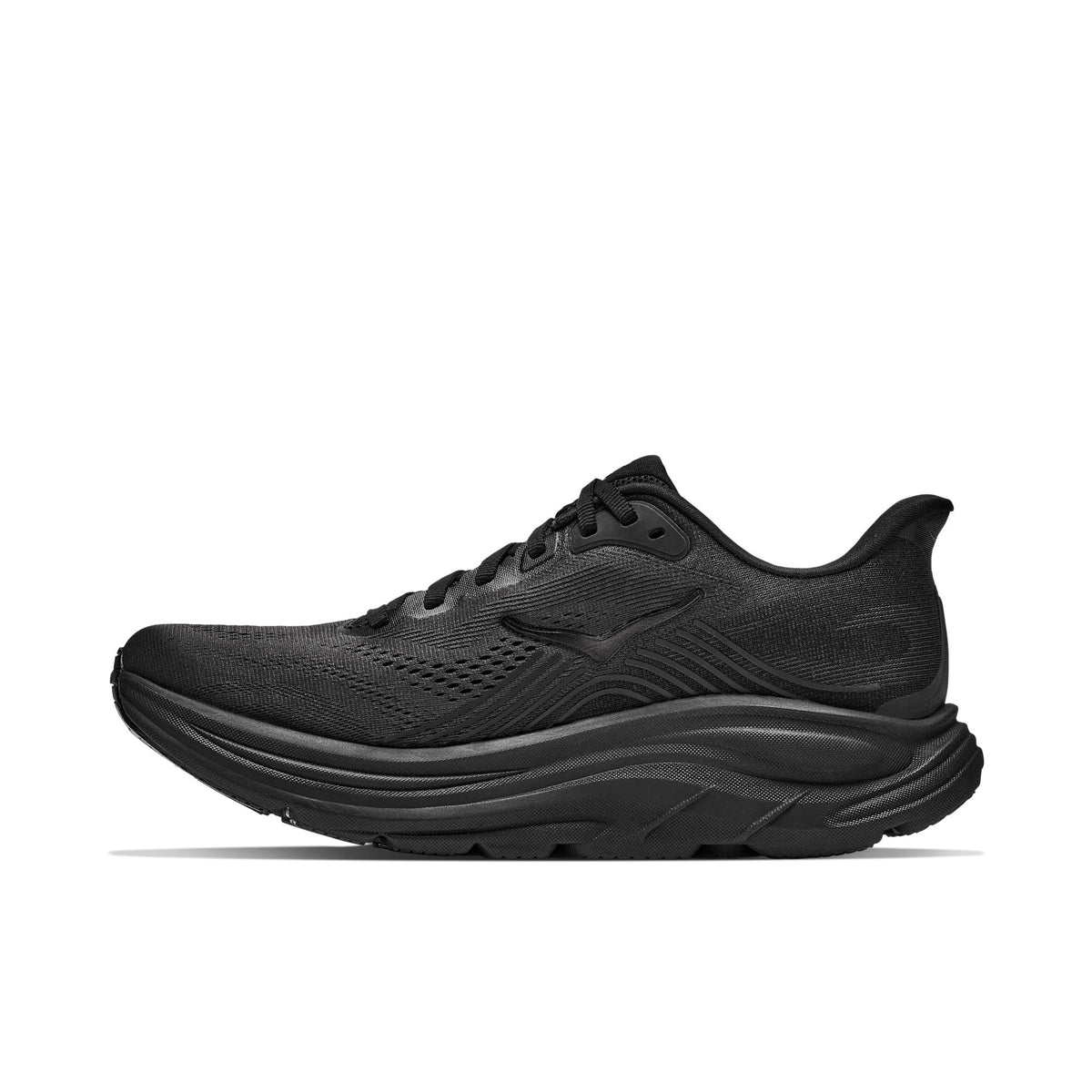 HOKA Clifton 11 Wide (2E) men's running shoe in Black/Black, inside view