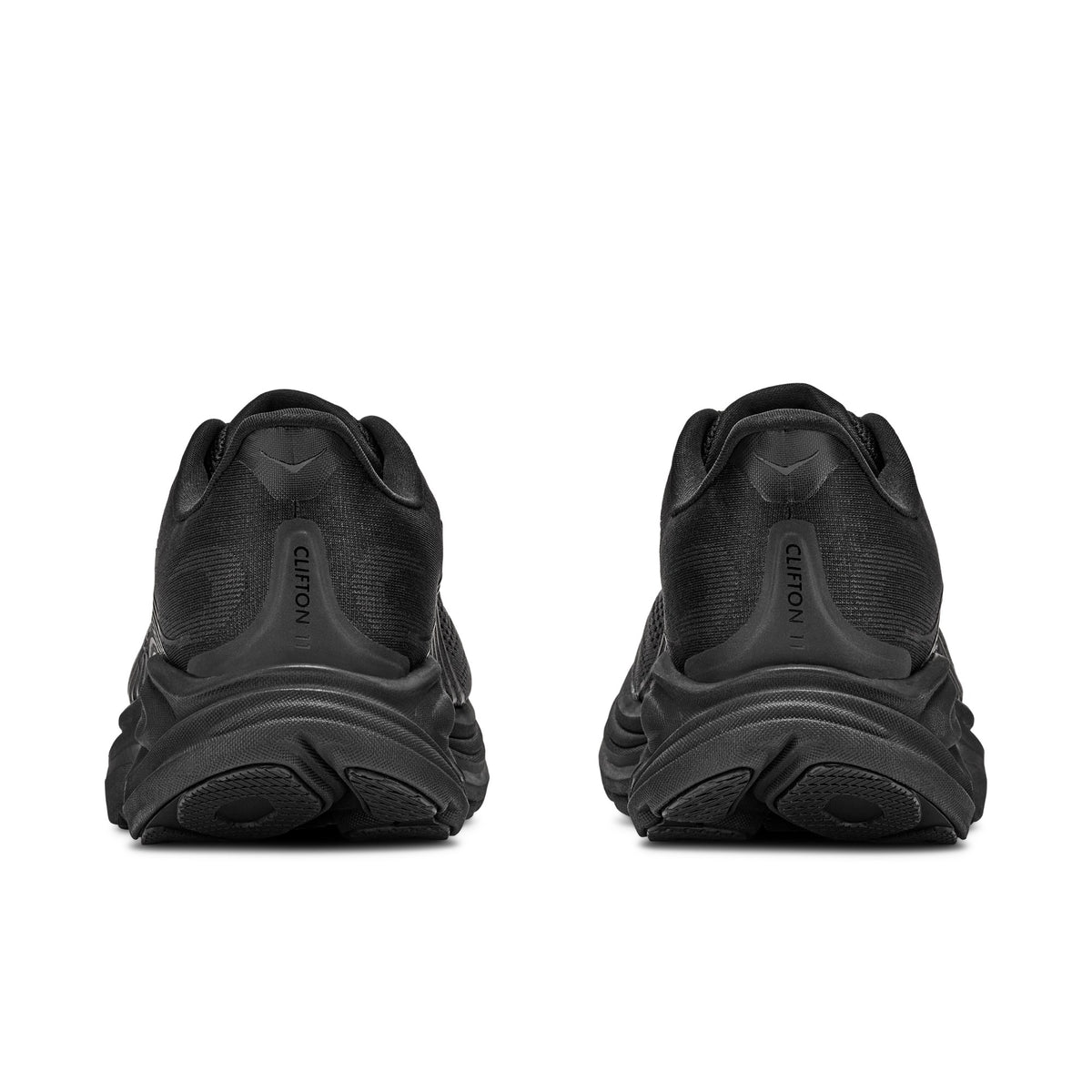 HOKA Clifton 11 Wide (2E) men's running shoe in Black/Black, heel view of the pair