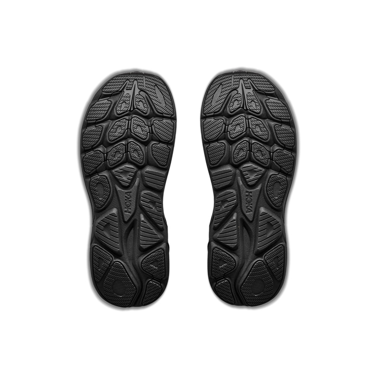 HOKA Clifton 11 Wide (2E) men's running shoe in Black/Black, outsole of the pair
